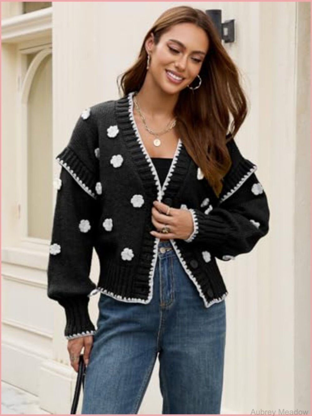 Chunky Knit Drop Shoulder V Neck Button Down Embroidered Flower Cardigan Tops - Picture 5 of 7